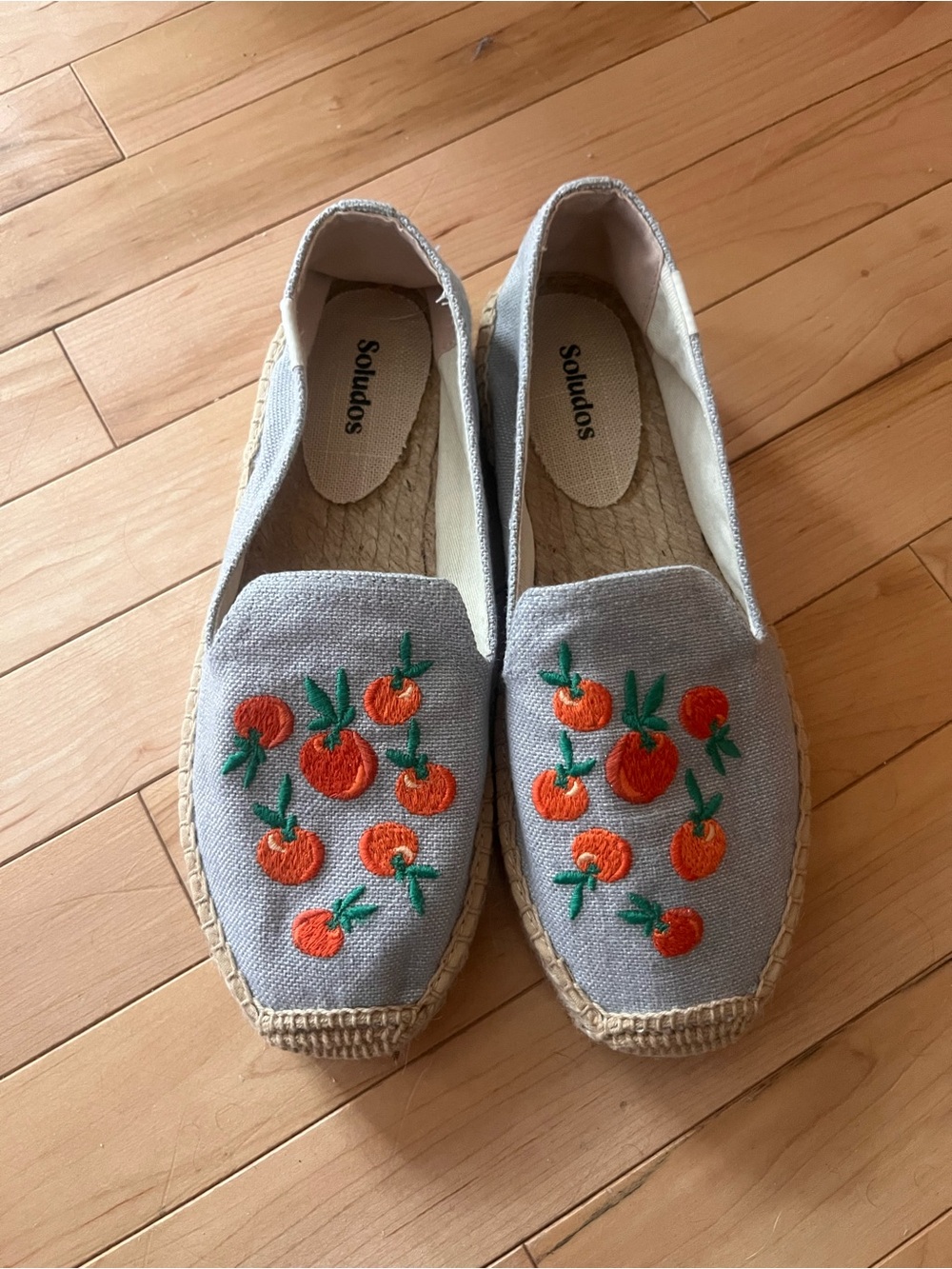 Soludos Blue Canvas Espadrilles with Orange Embroidery x Anthropologie